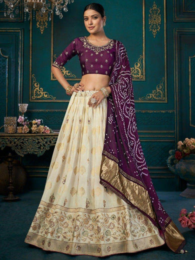 Majestic Cream Khatli Work Silk Traditional Lehenga Choli With Dupatta