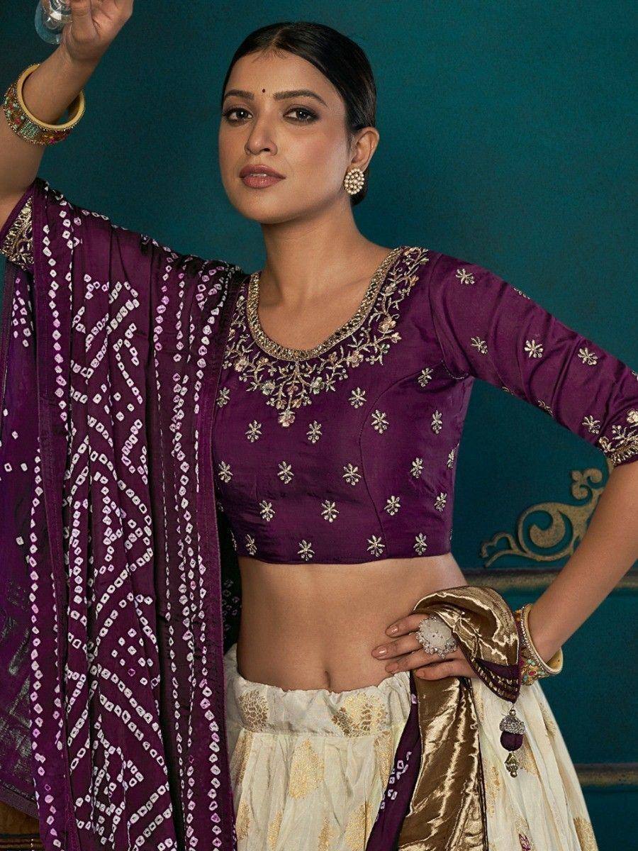 Purple embroidered lehenga choli with gold detailing and dupatta, Indian ethnic wear