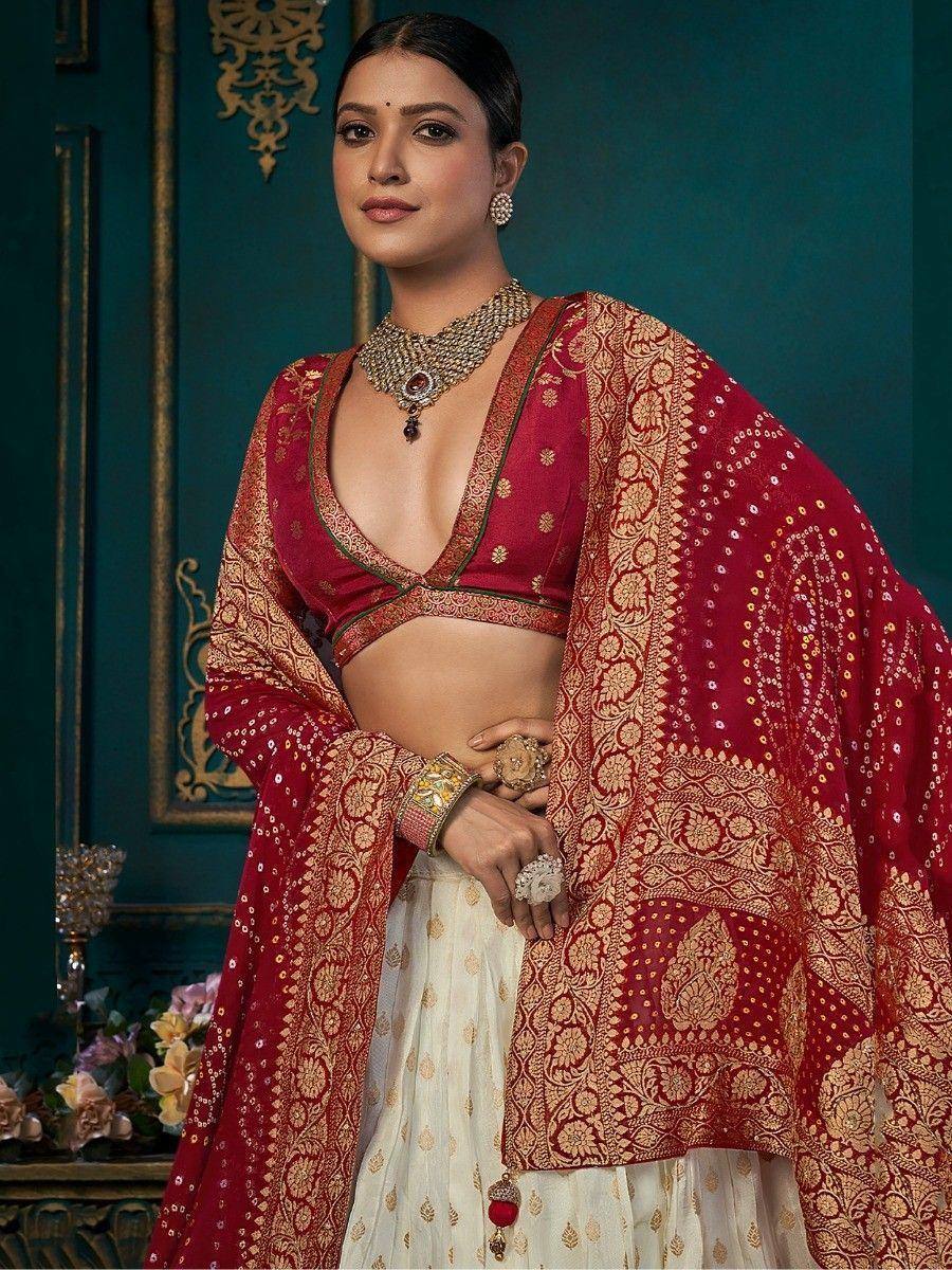 Red and gold embroidered lehenga choli with dupatta, Indian ethnic wear for weddings and festivals