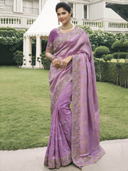 Captivating Lavender Embroidery Silk Engagement Wear Saree