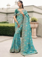 Gorgeous Turquoise Embroidery Silk Wedding Wear Saree With Blouse