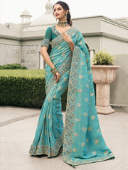 Gorgeous Turquoise Embroidery Silk Wedding Wear Saree With Blouse