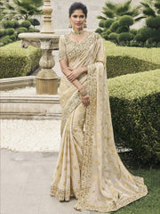 Enchanting Beige Zari Weaving Silk Traditional Saree With Blouse