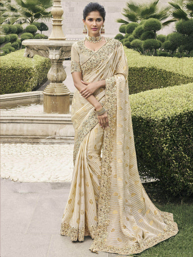 Enchanting Beige Zari Weaving Silk Traditional Saree With Blouse
