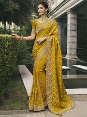Bewitching Mustard Yellow Embroidery Silk Festival Wear Saree