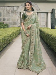 Beautiful Pista Green Embroidery Silk Wedding Saree With Blouse