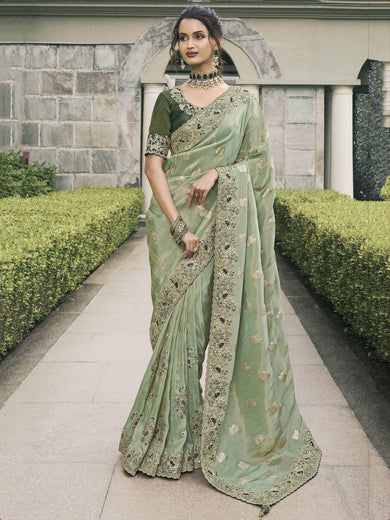 Beautiful Pista Green Embroidery Silk Wedding Saree With Blouse