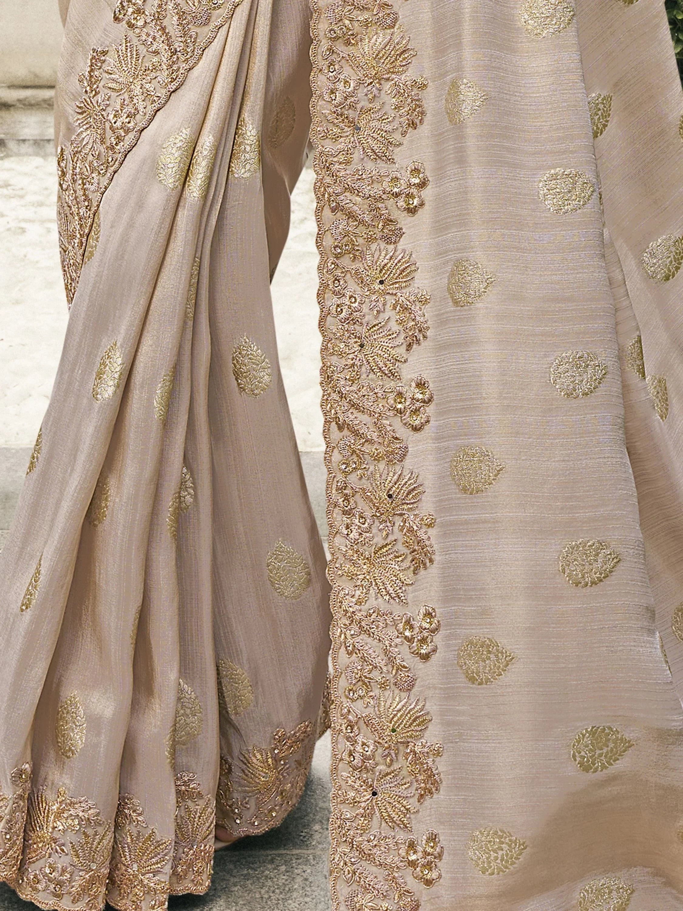Attractive Cream Heavy Embroidery Silk Event Wear Saree With Blouse