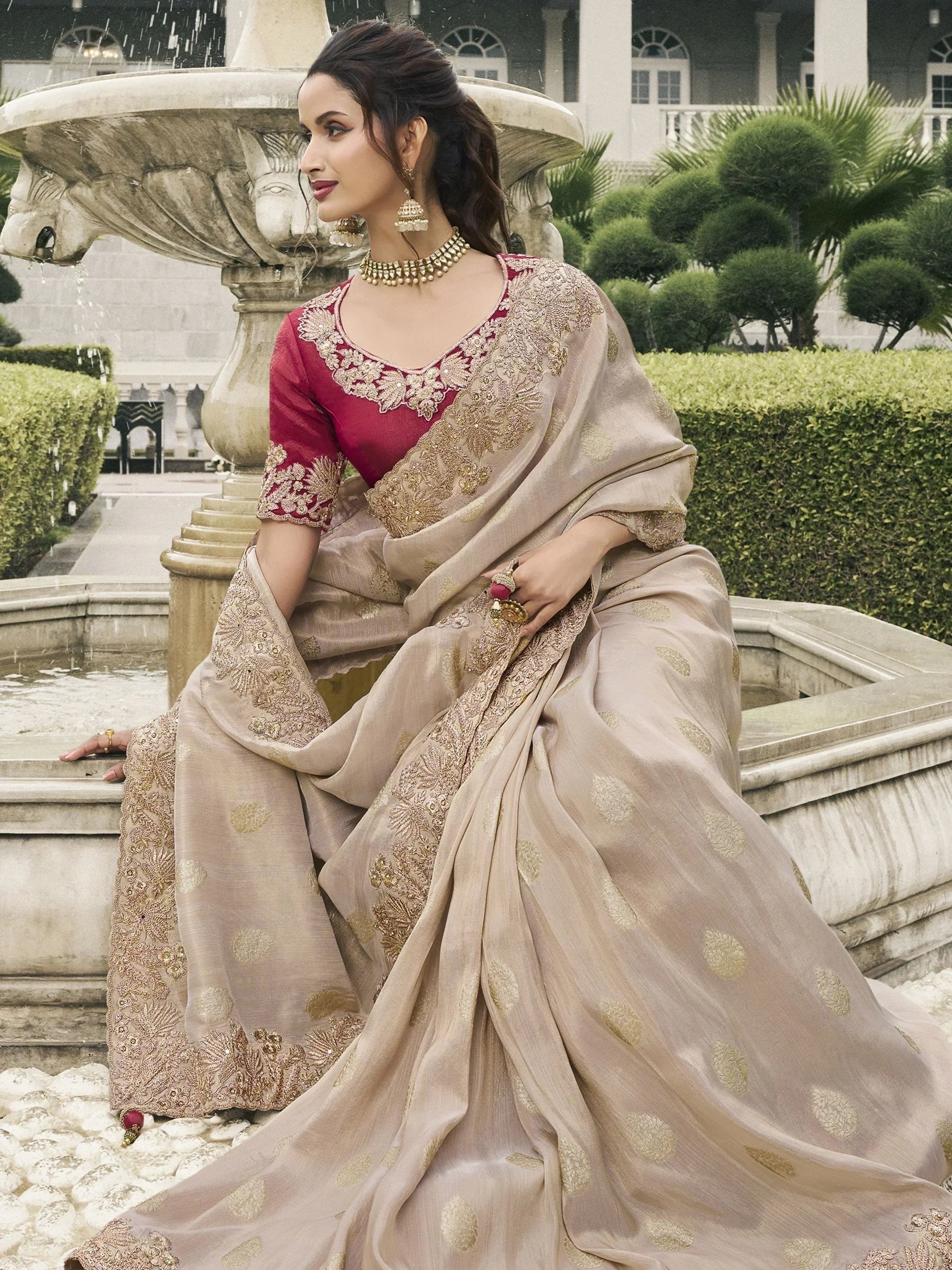 Attractive Cream Heavy Embroidery Silk Event Wear Saree With Blouse