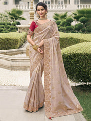 Attractive Cream Heavy Embroidery Silk Event Wear Saree With Blouse