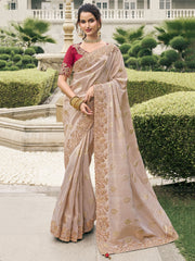 Attractive Cream Heavy Embroidery Silk Event Wear Saree With Blouse