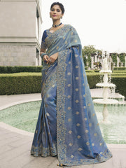 Marvelous Teal Blue Embroidered Tissue Silk Saree With Blouse