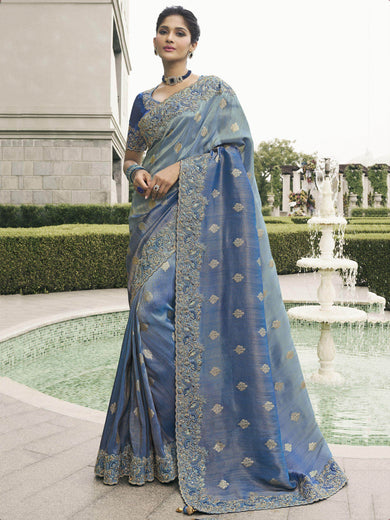 Marvelous Teal Blue Embroidered Tissue Silk Saree With Blouse