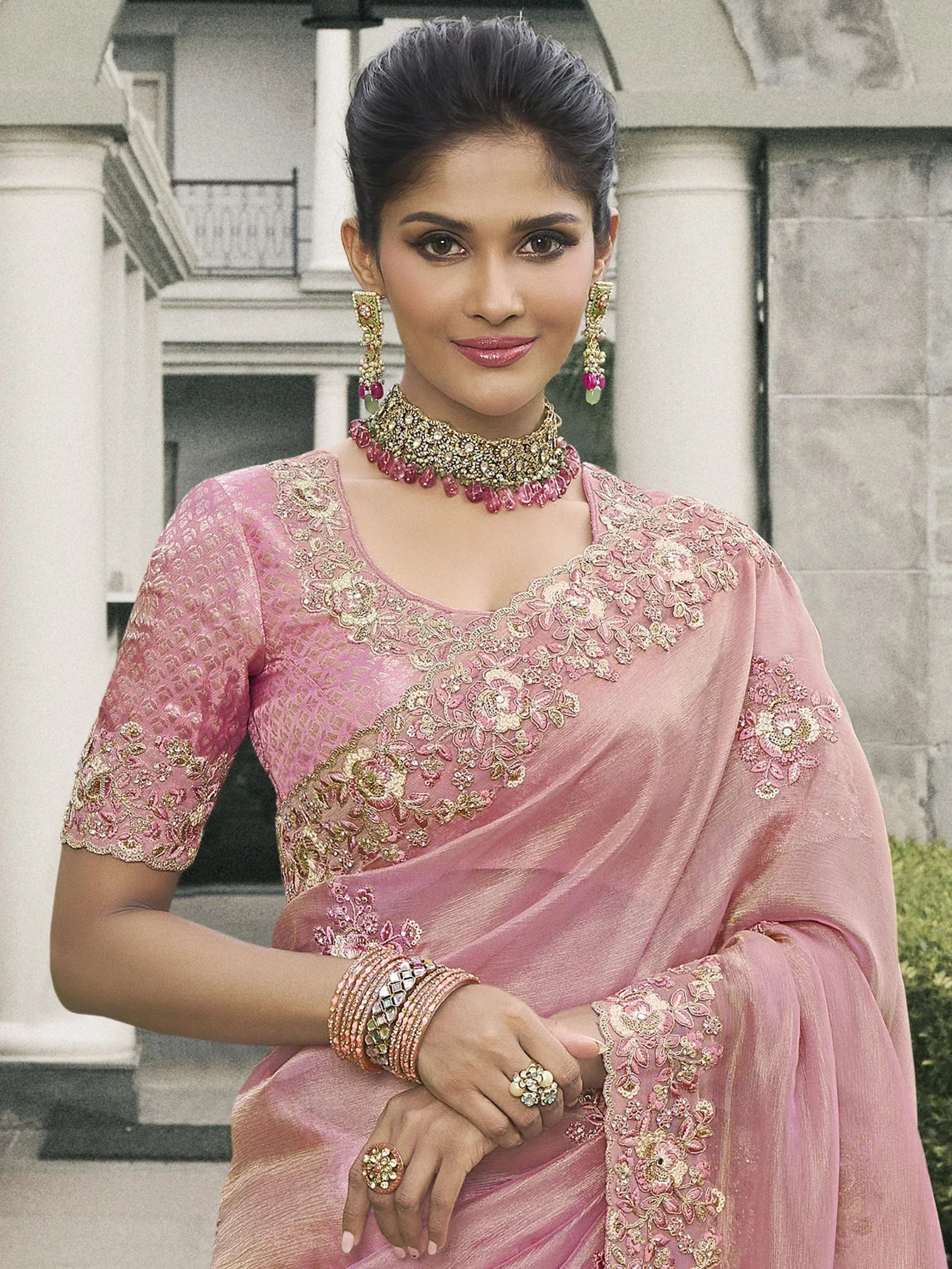 Pink embroidered saree with gold floral work, perfect for Indian ethnic wear and festive occasions