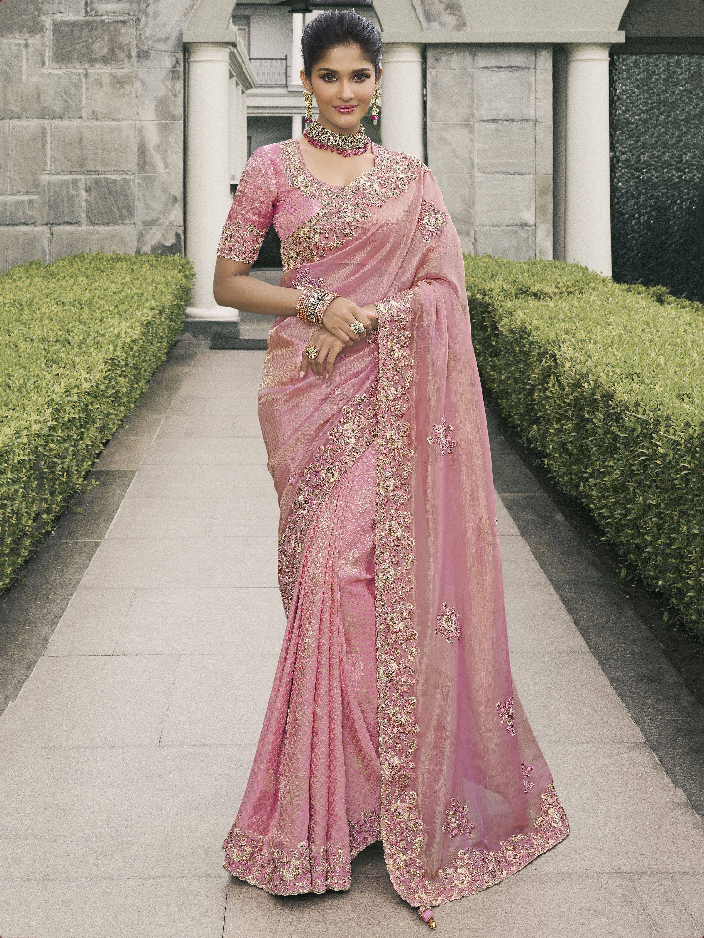 Pink embroidered saree with gold detailing, perfect for Indian ethnic wear occasions