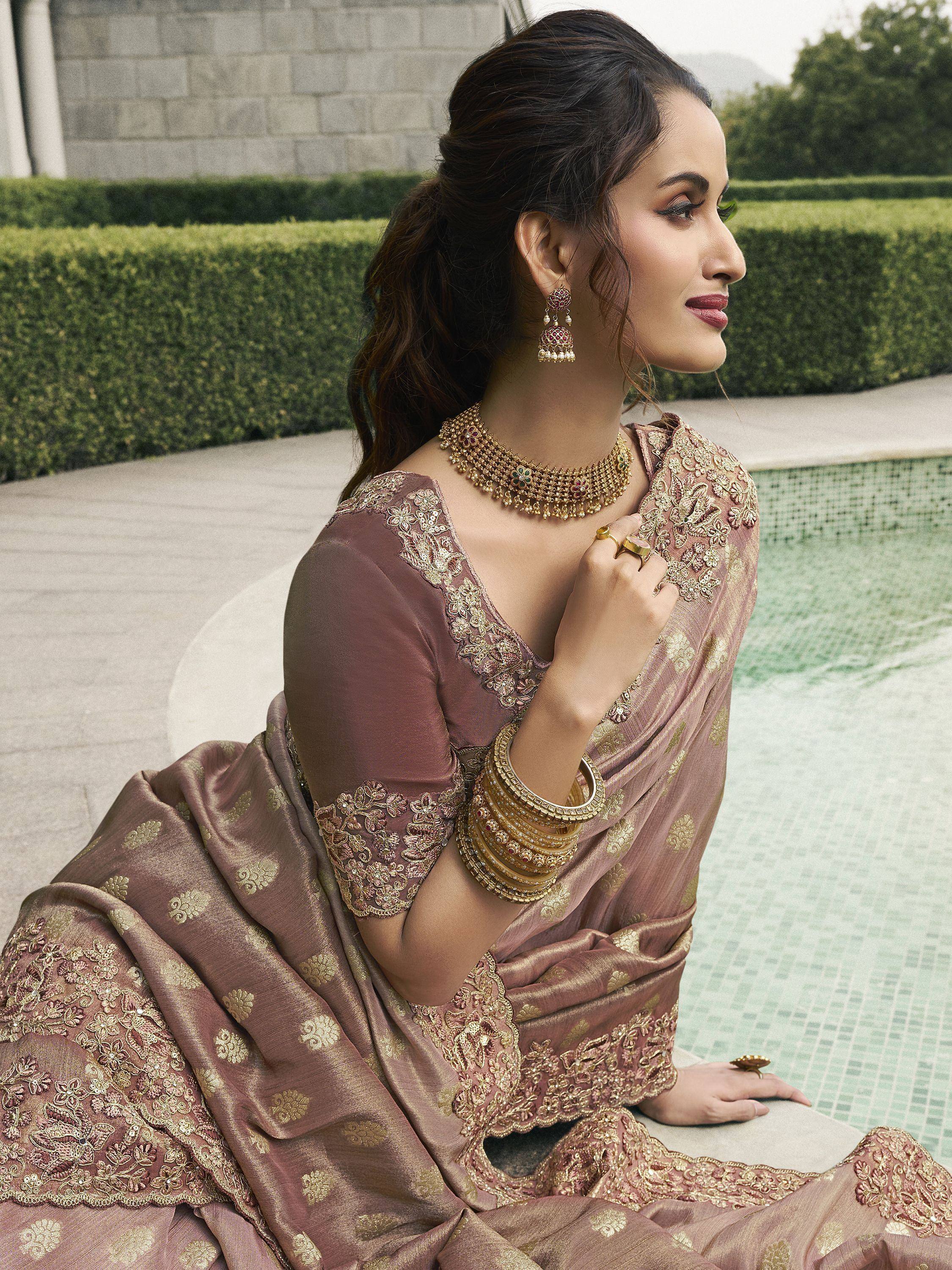 Astonishing Dusty Brown Embroidered Silk Wedding Wear Saree