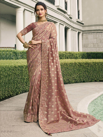 Astonishing Dusty Brown Embroidered Silk Wedding Wear Saree