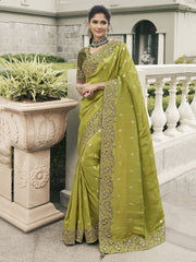 Wonderful Olive Green Embroidered Silk Mehendi Wear Saree