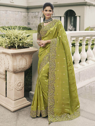 Wonderful Olive Green Embroidered Silk Mehendi Wear Saree