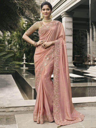 Excellent Peach Embroidered Tissue Silk Engagement Wear Saree