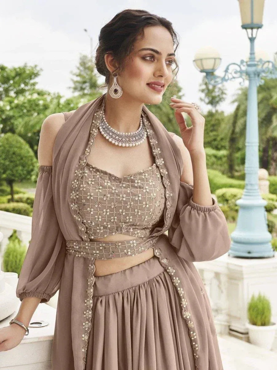 Elegant beige sequin lehenga choli with cold shoulder dupatta, perfect for Indian ethnic occasions