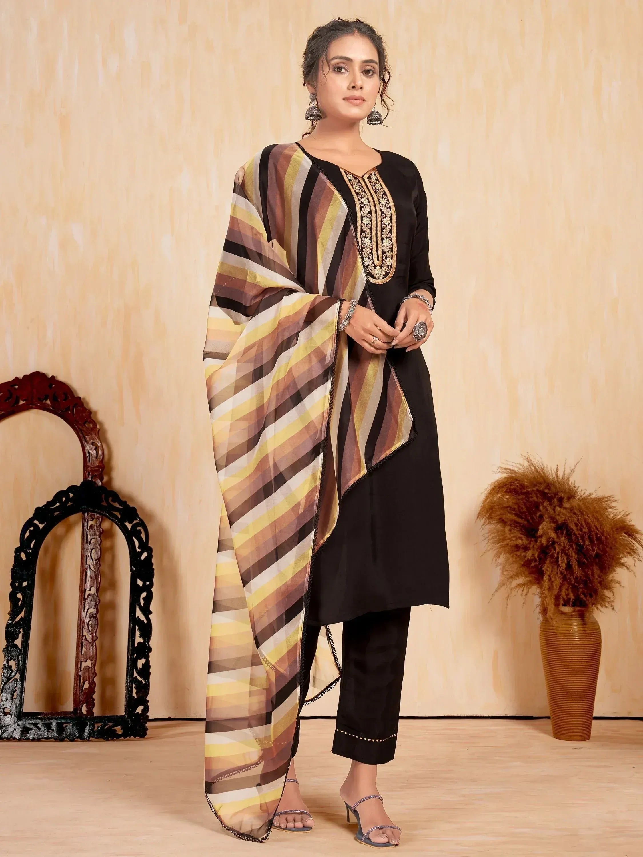 Black embroidered kurta with striped dupatta, ethnic wear for women