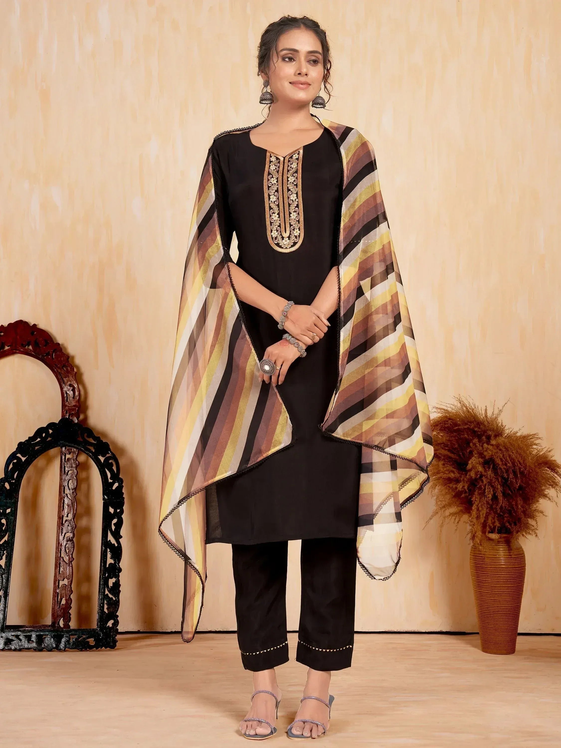 Black embroidered kurta with striped dupatta, ethnic wear for women