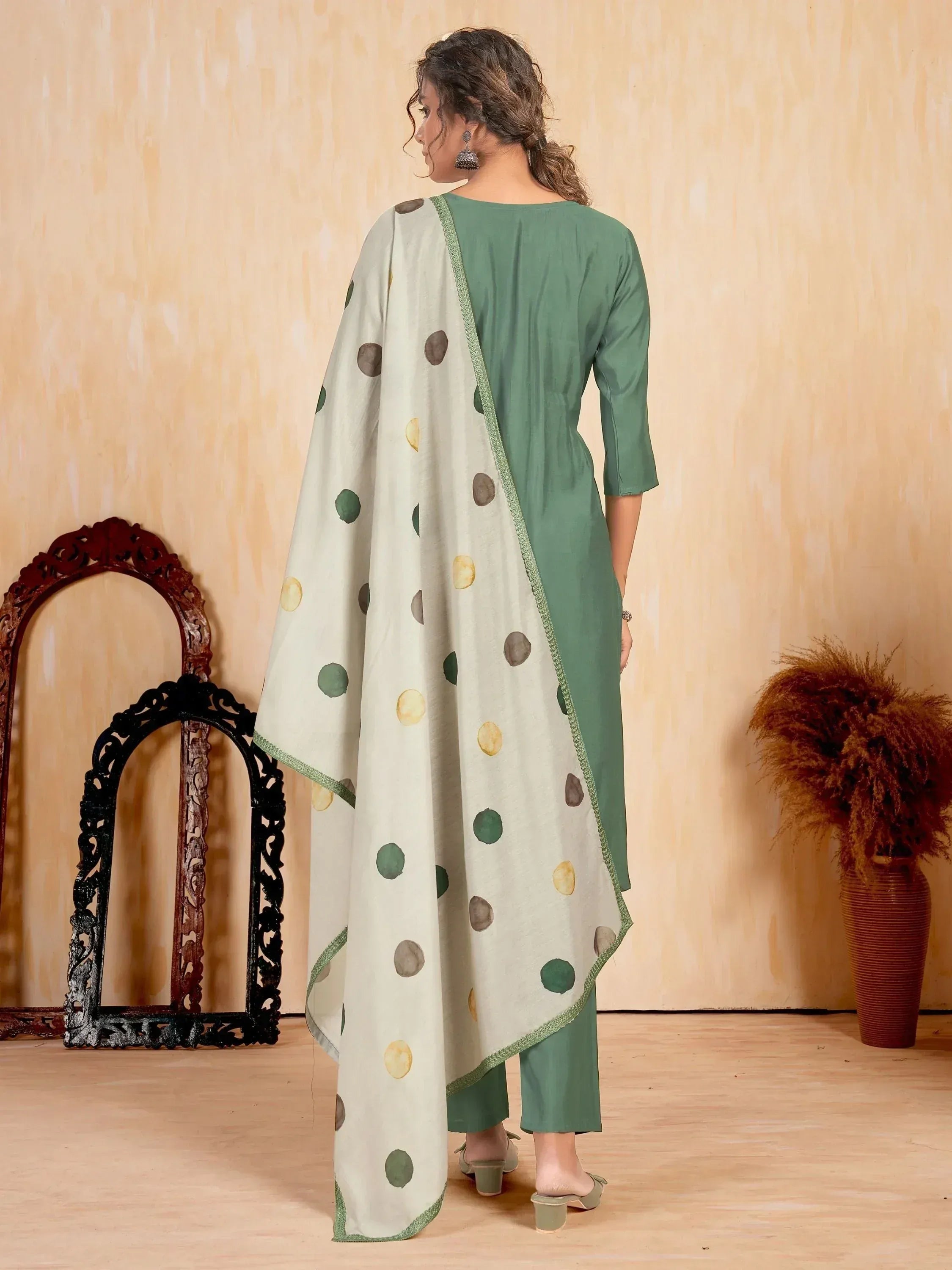 Green salwar kameez with polka dot dupatta, ethnic wear for women