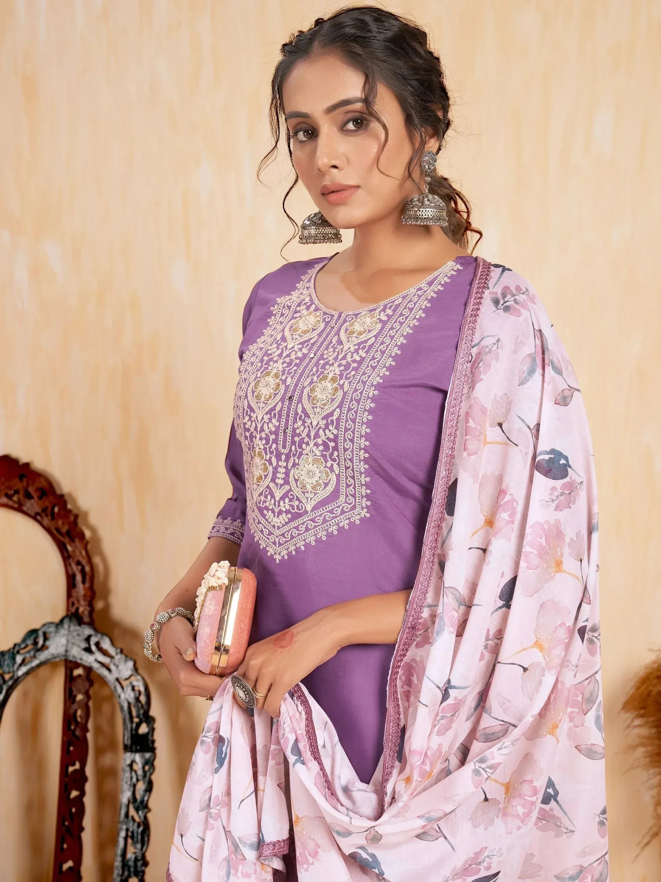 Purple embroidered salwar kameez with floral dupatta, ethnic Indian wear for women