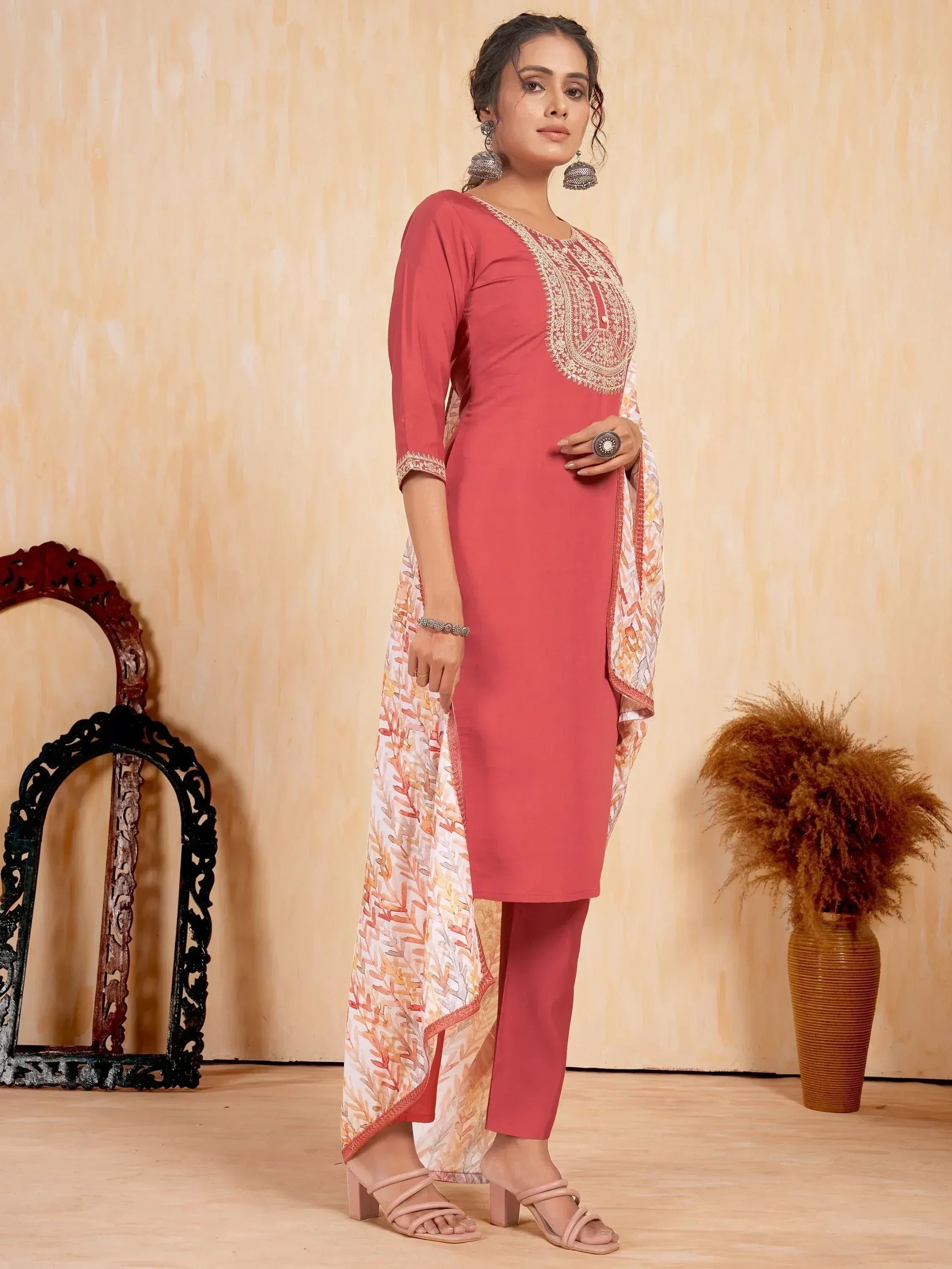 Pink embroidered kurta with printed dupatta and matching pants, Indian ethnic wear
