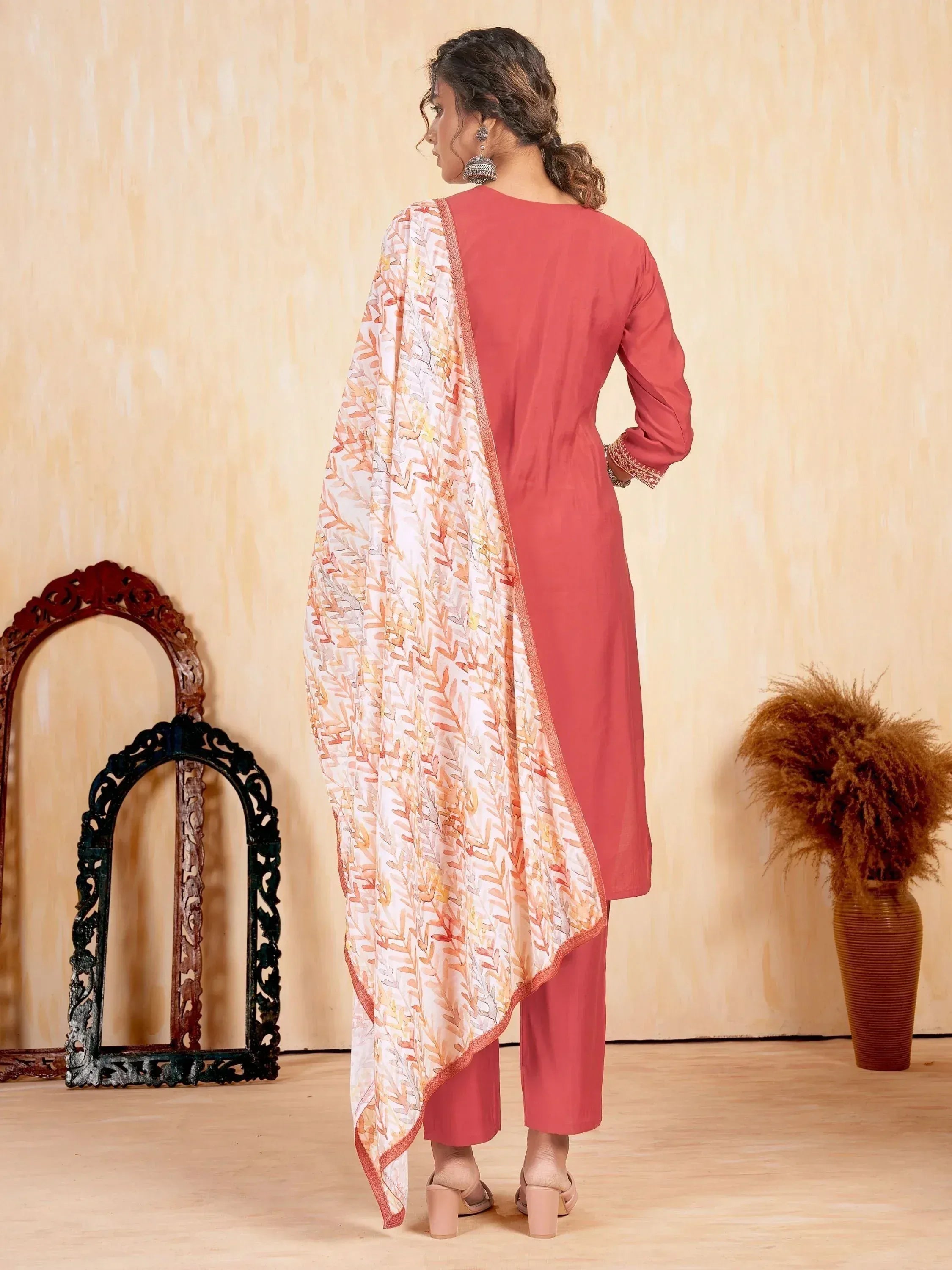 Coral ethnic salwar kameez with printed dupatta, perfect for Indian wear occasions