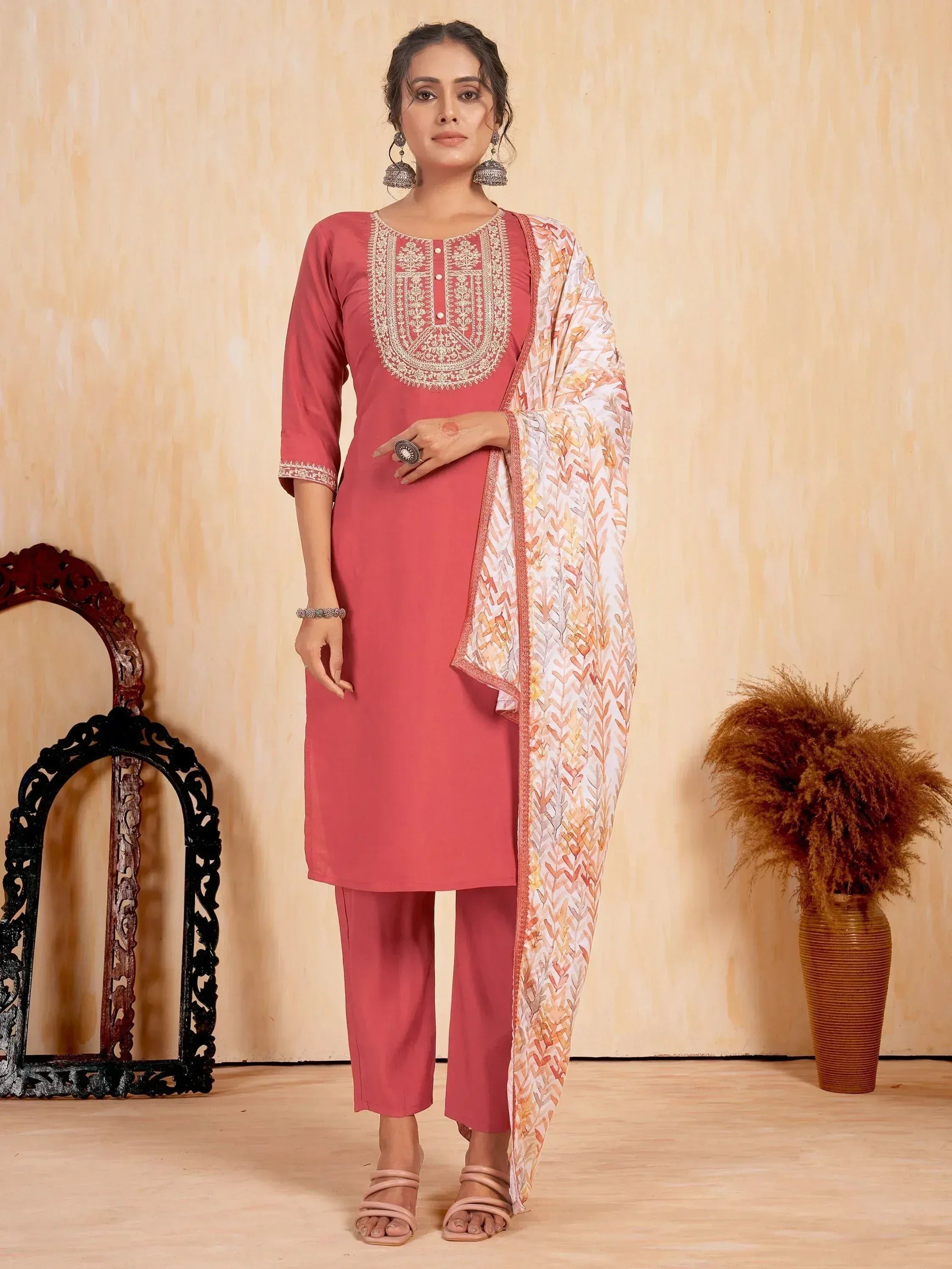 Pink embroidered kurta with matching pants and printed dupatta, Indian ethnic wear