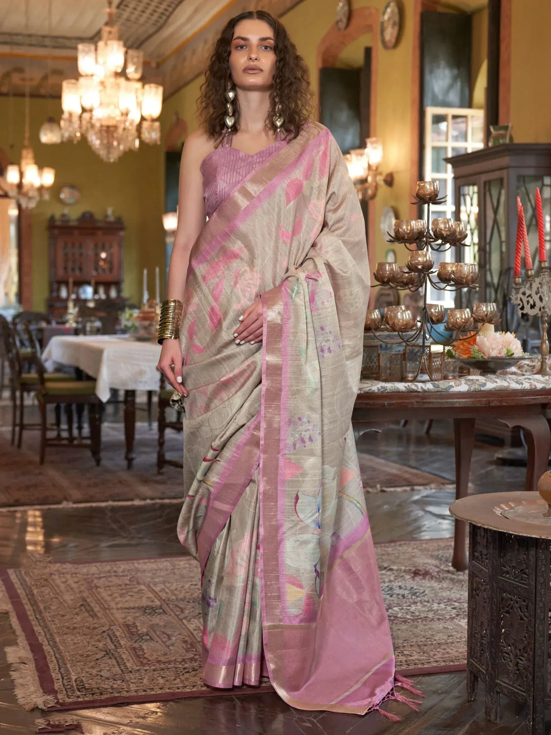 Elegant pink and beige floral saree with designer blouse, perfect for Indian ethnic occasions