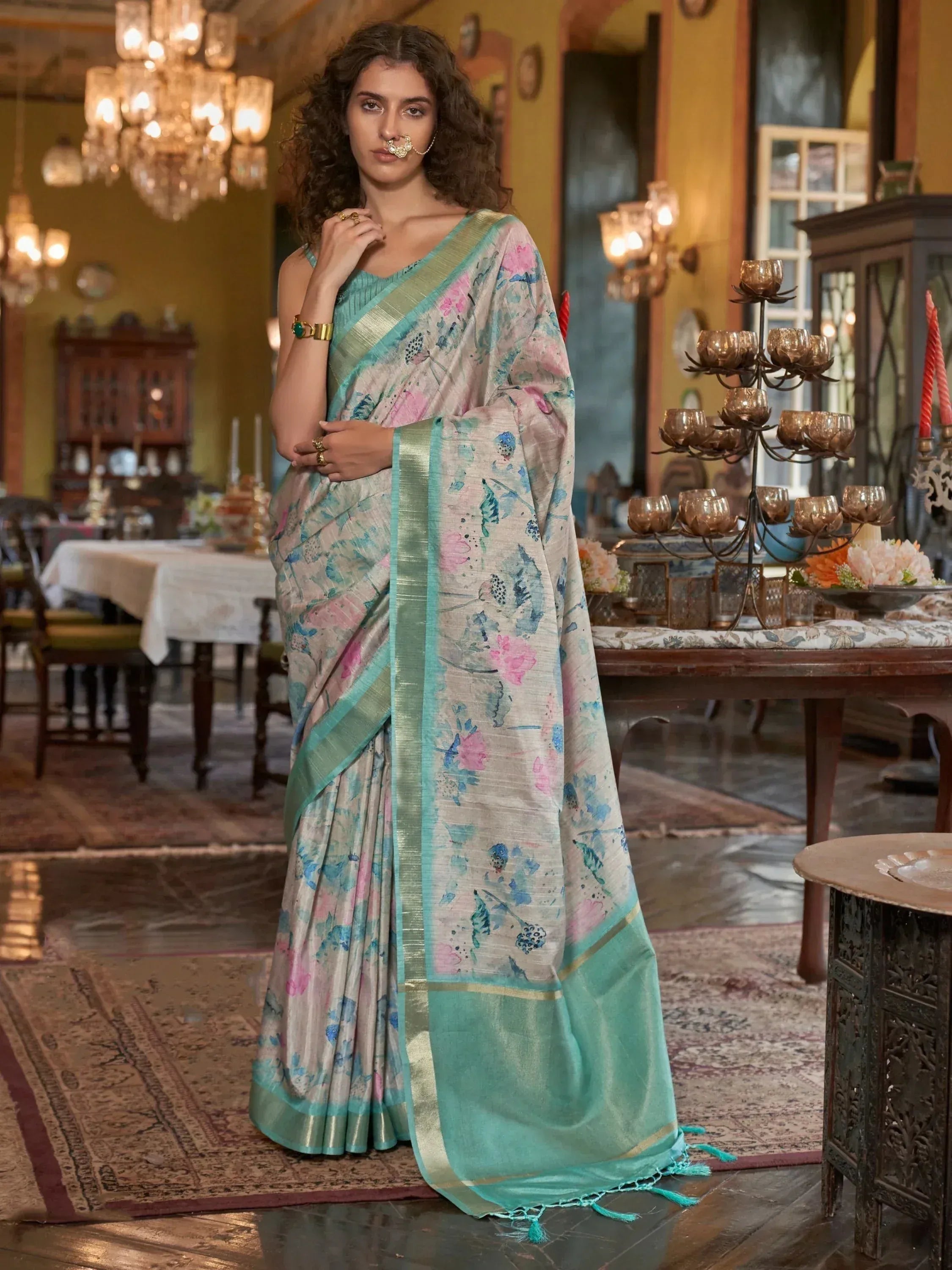 Floral print saree with mint green border, ethnic Indian wear for women, designer silk saree