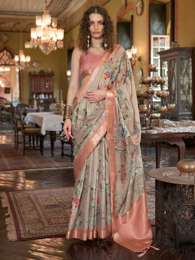 Pretty Beige & Peach Digital Printed Banarasi Silk Event Wear Saree