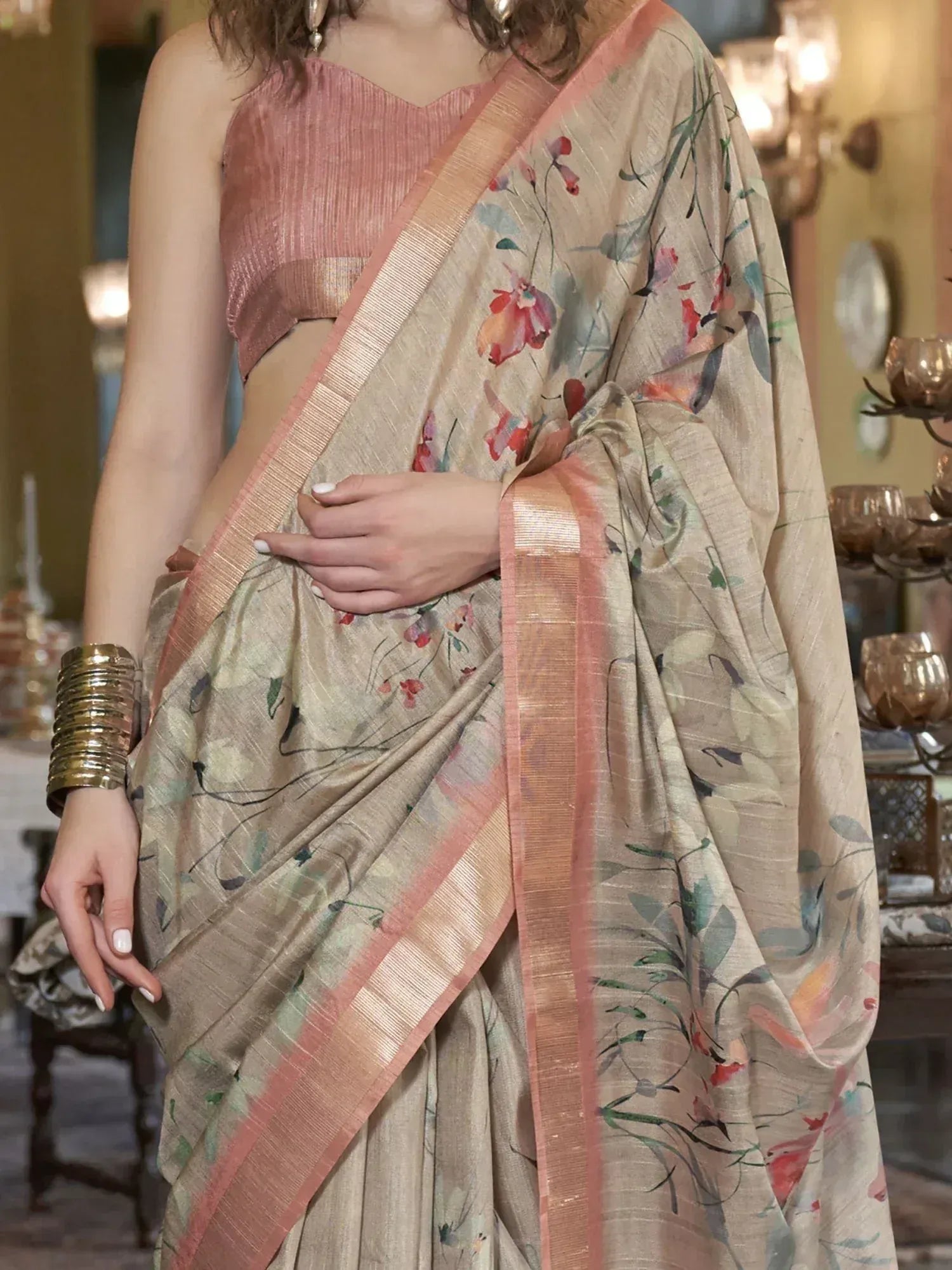 Beige floral saree with pink border and matching blouse, elegant Indian ethnic wear