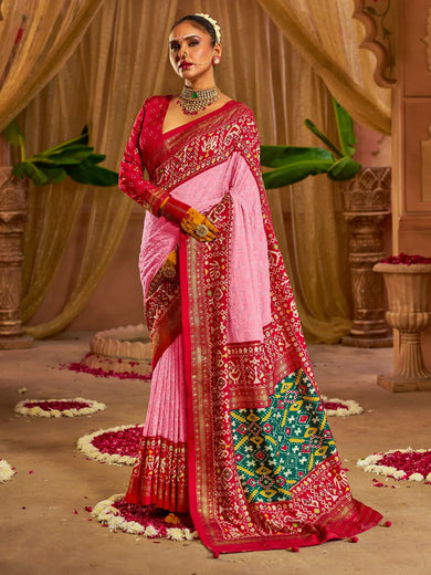 Bewitching Pink Chikankari Work Silk Wedding Saree With Blouse