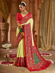 Attractive Yellow Lucknowi Work Silk Festival Wear Saree With Blouse