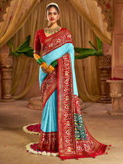 Beautiful Sky-Blue Chikankari Work Silk Traditional Saree With Blouse