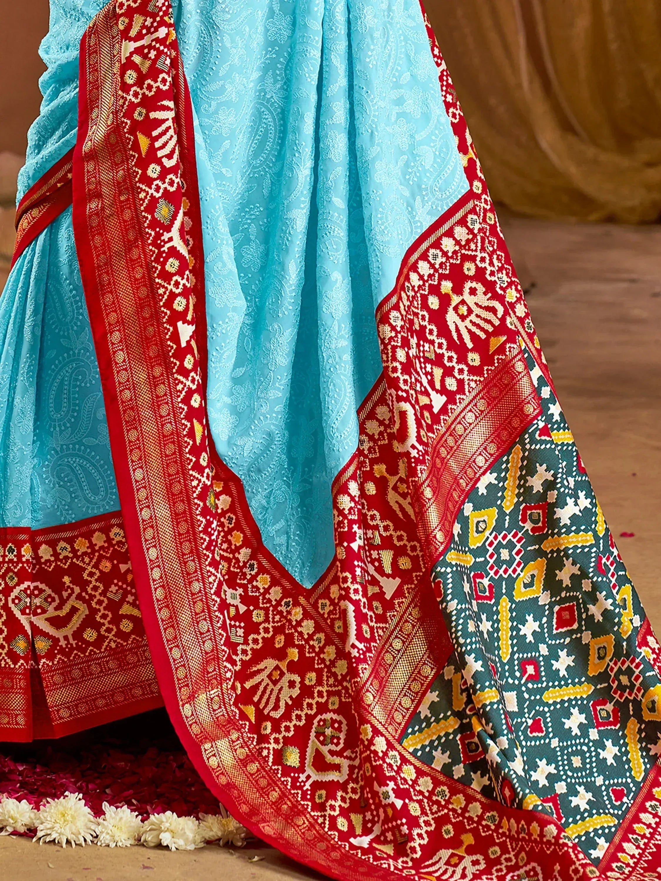 Turquoise lehenga with red and green embroidered dupatta, ethnic Indian wear