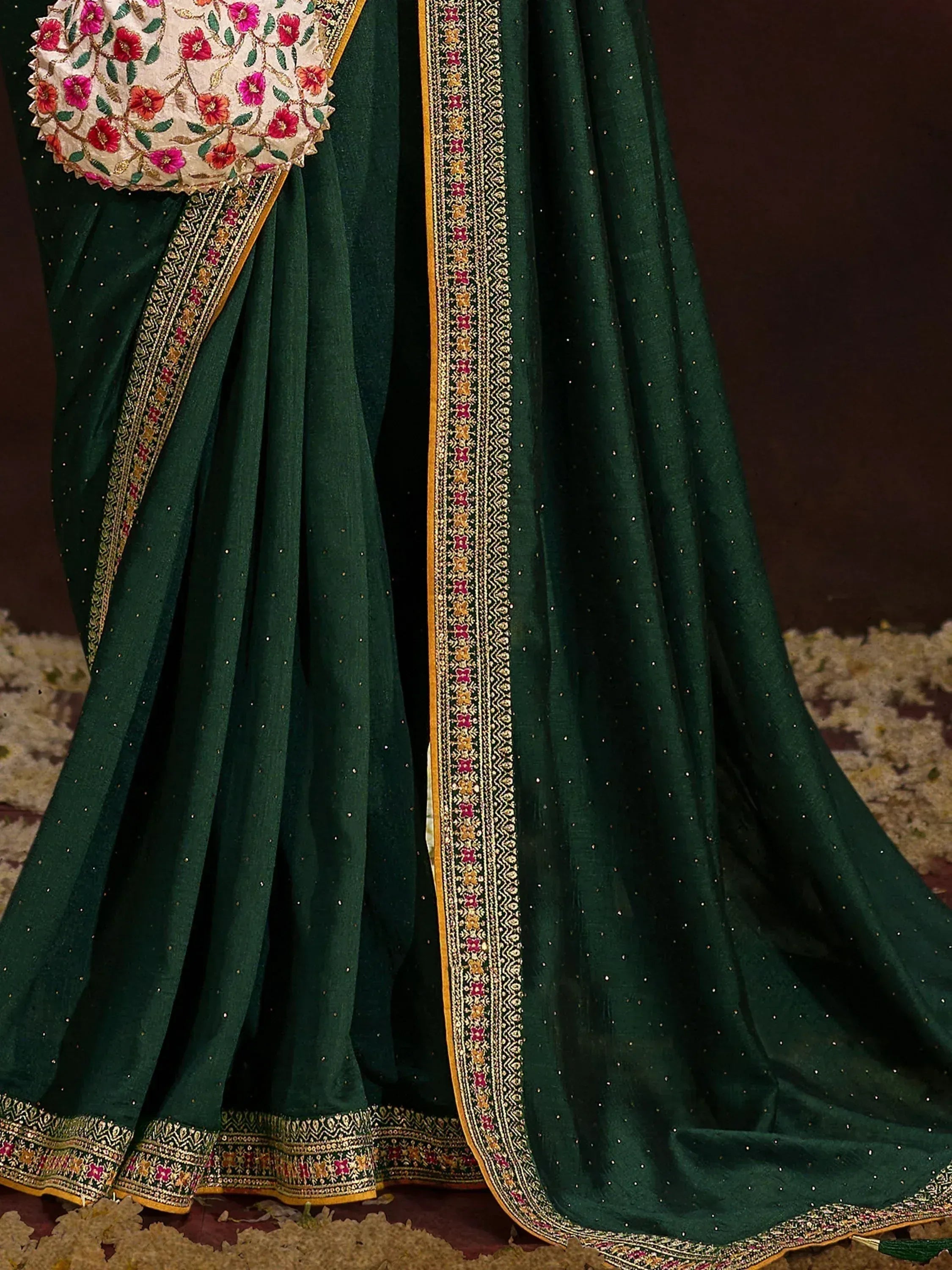Emerald green saree with floral embroidered blouse and golden border, Indian ethnic wear