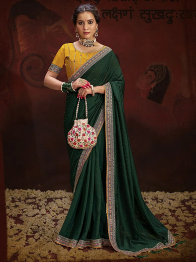 Wonderful Green Color Heavy Lace Work Silk Mehendi Wear Saree