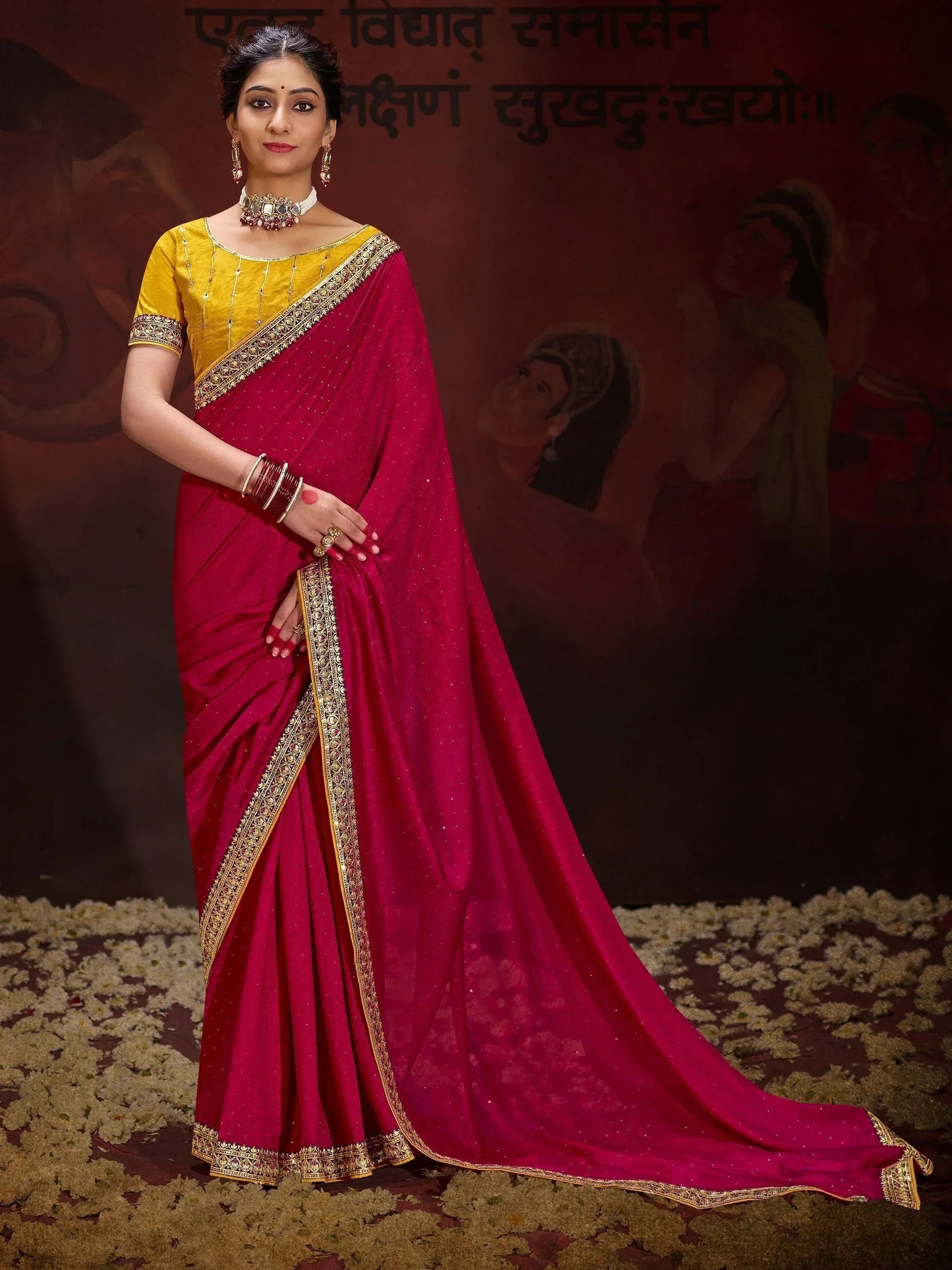 Elegant maroon saree with gold border and yellow blouse, perfect for Indian ethnic wear occasions