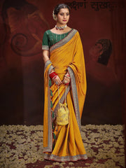 Lovely Yellow Heavy Lace Work Silk Haldi Wear Saree With Blouse
