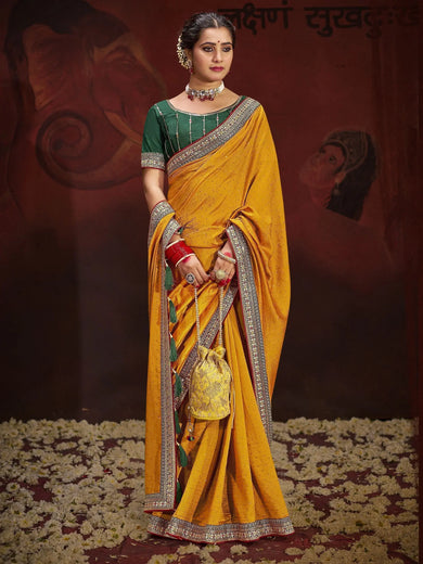 Lovely Yellow Heavy Lace Work Silk Haldi Wear Saree With Blouse