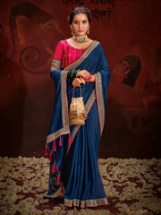 Alluring Navy Blue Lace Work Silk Engagement Wear Saree With Blouse