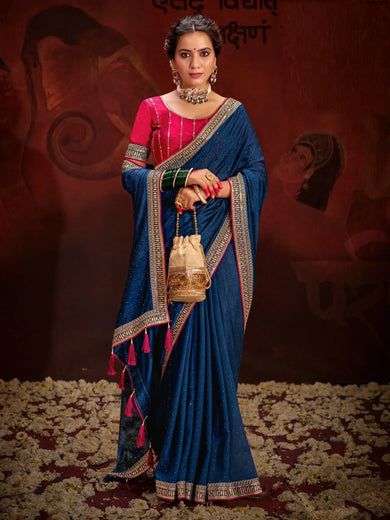 Alluring Navy Blue Lace Work Silk Engagement Wear Saree With Blouse