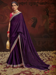 Amazing Purple Heavy Lace Work Silk Function Wear Saree With Blouse