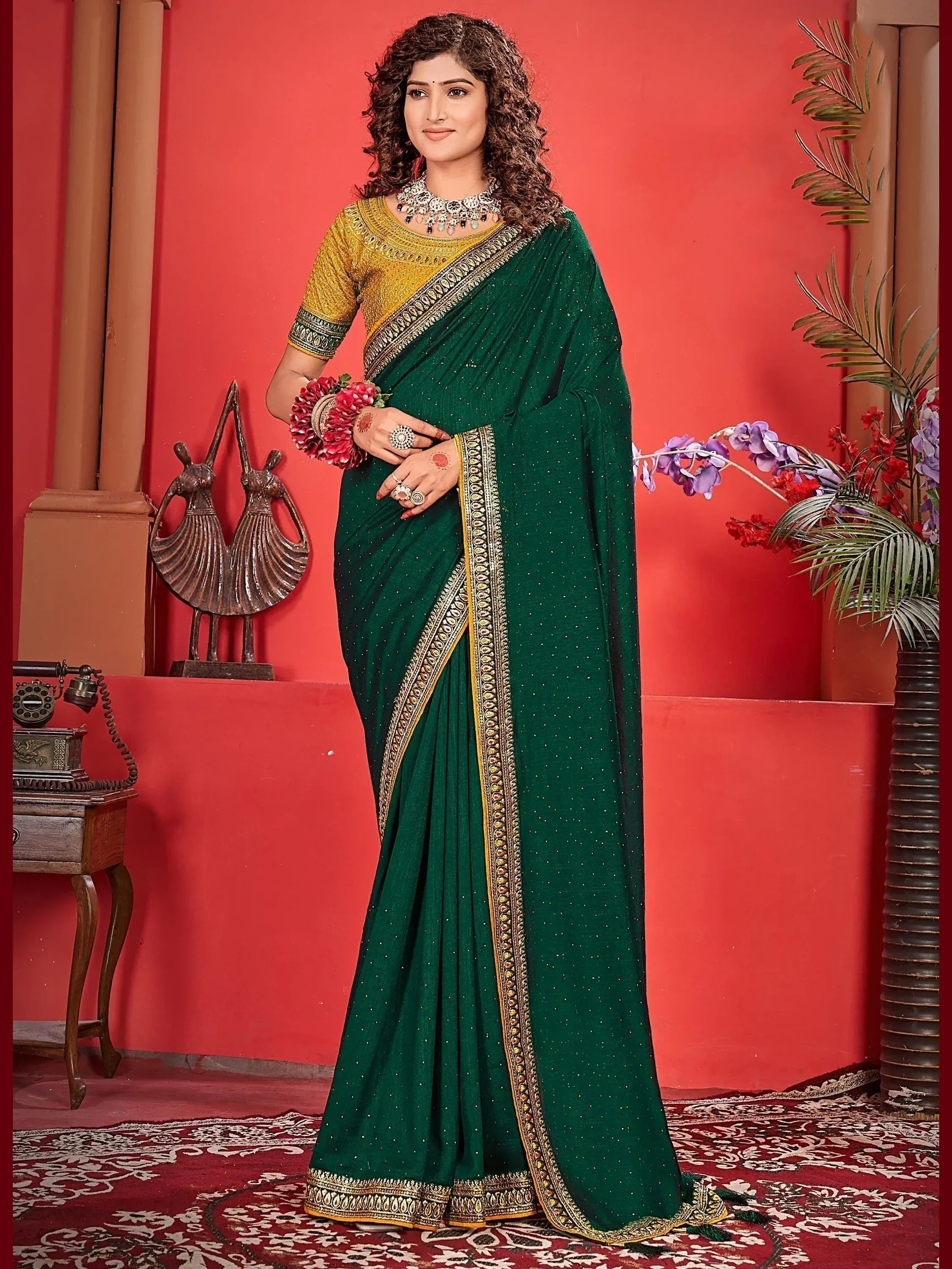 Emerald green saree with gold embroidery and yellow blouse, Indian ethnic wear for women
