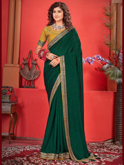 Captivating Dark Green Embroidered Vichitra Silk Festival Wear Saree